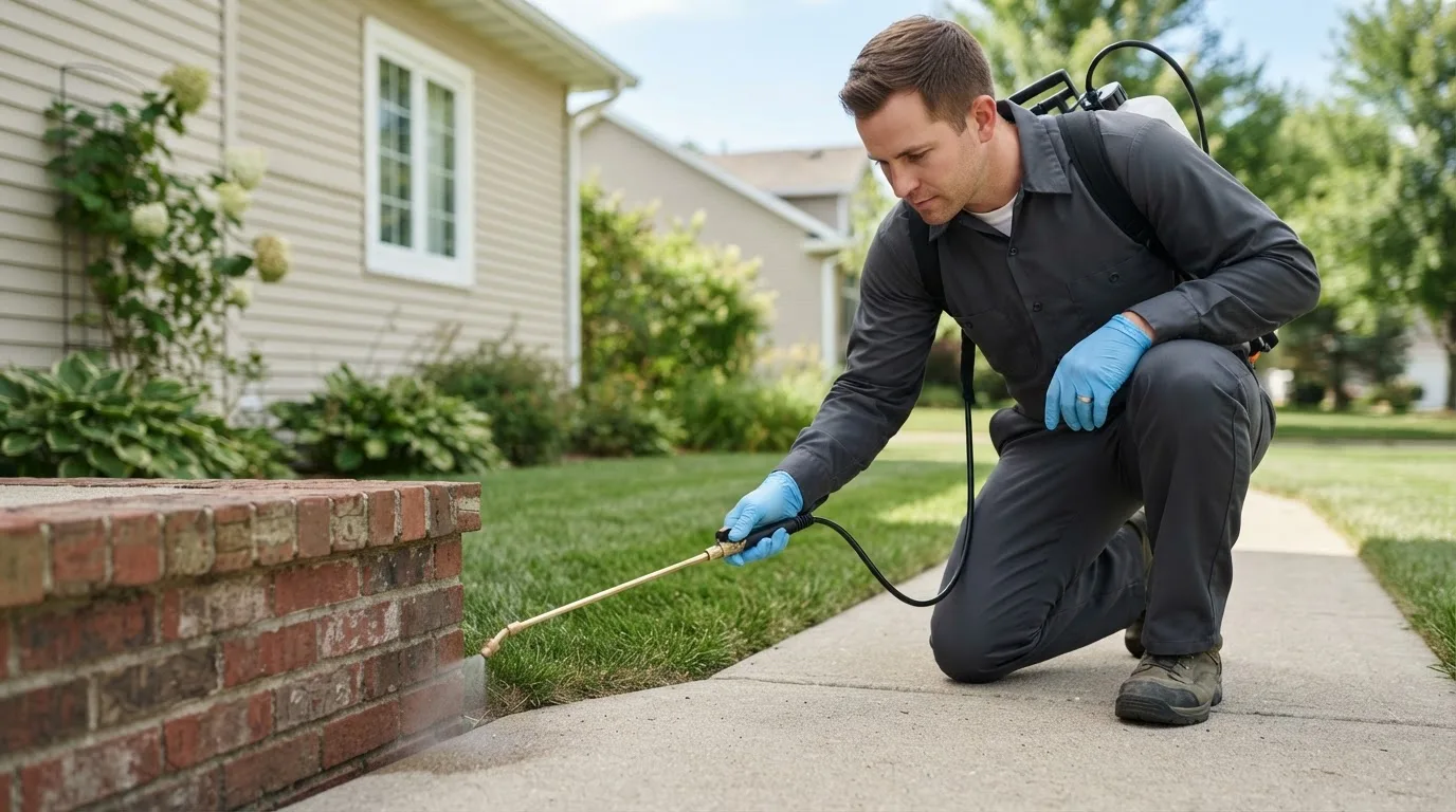 Pest control technician treating a home near Minto, ND